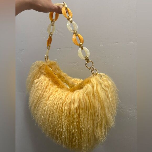 Yellow Real Mongolian Lamb Fur Handmade Stylish Hobo Bag/Multi Use Style - Picture 13 of 17